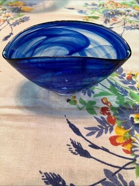 Handblown Cobalt Blue Glass Bowl - Home Art Accent Made in Turkey